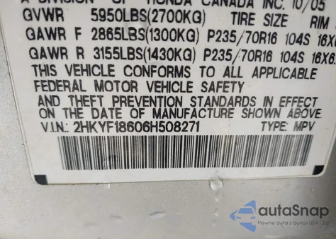 2006 Honda Pilot Ex-L z USA, uszkodzony, nr VIN 2HKYF18606H508271